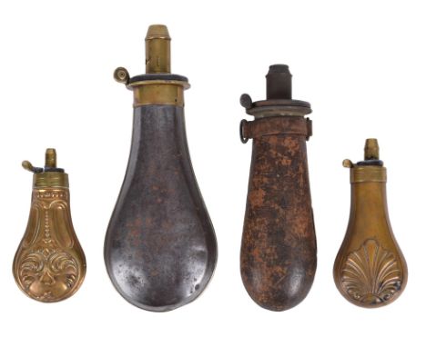 A small collection of powder flasks, comprising: a pistol flask by Dixon & Sons, embossed copper body, graduated spout; anoth