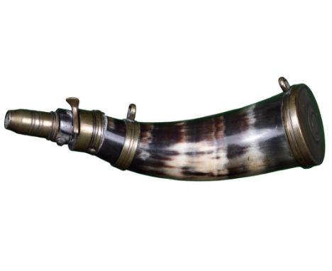 An early 19th Century brass mounted horn powder flask, brass spout with sprung shutter, collar with suspension loop, a furthe