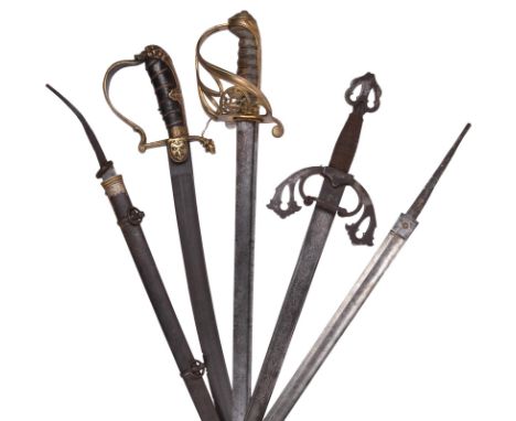 Five European swords: a William IV 1822 pattern Infantry officer's sword, with pipe backed blade and gilt 'gothic' hilt; a Vi