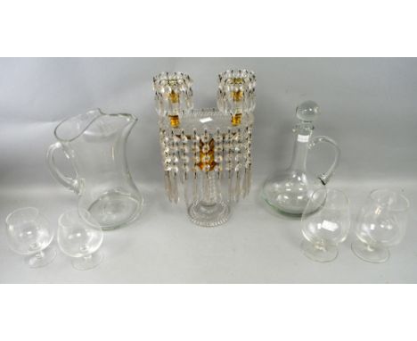 Victorian drop luster two light candelabra, decanter, pimms jug and four brandy glasses.