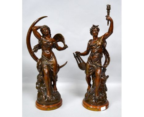 Two Bruchon spelter figures on wooden bases by Bruchon, various Silver plated to include candlesticks, barometer and miscella