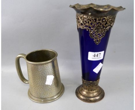 Silver mounted and blue glass trumpet vase and other metalware including flatware