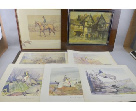 Two Snaffles prints and four fox hunting prints 'Hounds Running No1, No2, No3 & No4 and one framed print of a hunting meeting