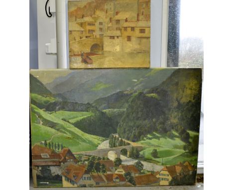 R F More Swiss Village, oil on canvas, 72 x101cm and a town view, oil on canvas 38 x 46cm
