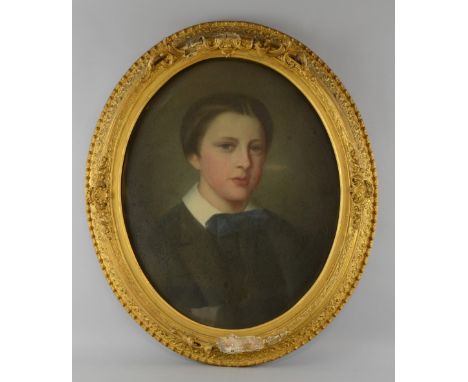 19th century English School - portrait of a young man wearing a blue tie, unsigned, oil on canvas, 52 x 42cmsFrame in poor co