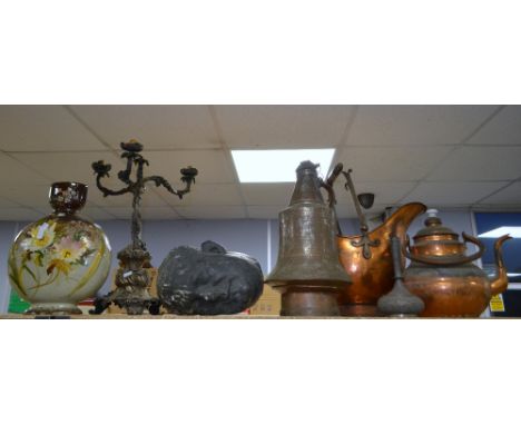 Cast metal head of a man, Copper helmet shaped coal scuttle, other metalware and a ceramic vase