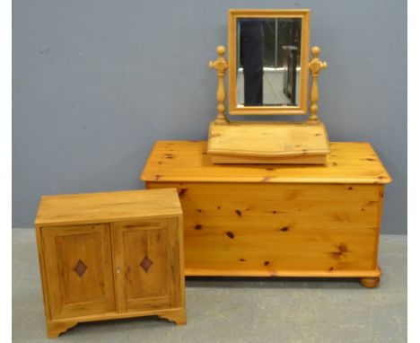 Pine blanket trunk, bedroom swing mirror with hinged base and a pine cupboard with two doors