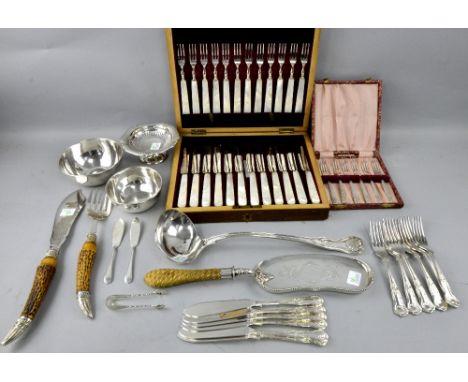 Set of twelve Silver plated and mother of pearl handled fruit knives and forks in fitted walnut case, Silver plated ladle and