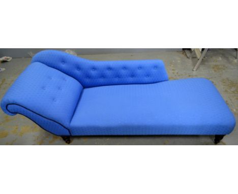 20th century blue upholstered button back chaise longue on turned legsIn good order, upholstery clean, legs scuffed conducive