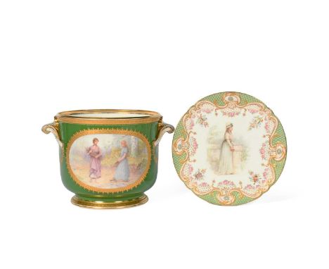 A large Copeland jardinière or bottle cooler, c.1895-1900, the U-shaped form painted by Samuel Alcock with a rustic couple in