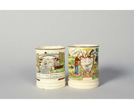 Two Dixon &amp; Co Sunderland creamware frog mugs, early 19th century, one printed and hand-coloured with a view of the Iron 