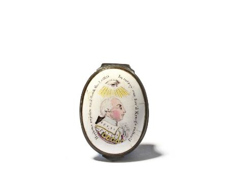 A rare South Staffordshire commemorative patch box, c.1789-90, printed and coloured with a profile portrait of George III ben