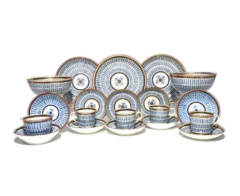 A Worcester part tea service, c.1790-1800, decorated in the Music pattern with radiating bands in underglaze blue between gil