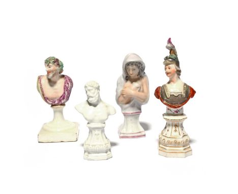 Three German porcelain busts of men, 2nd half 18th century, one Höchst and depicting a centurion in plumed helmet, raised on 