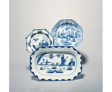 Three Bow octagonal blue and white plates c.1760-65, one rare and painted with two Chinese figures conversing in a garden, wi