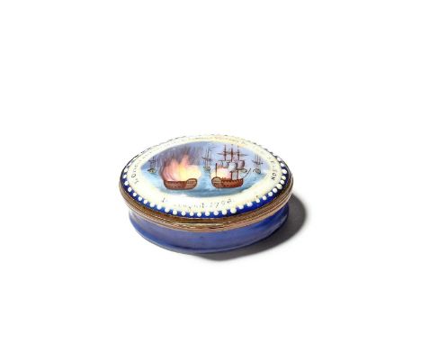A rare South Staffordshire enamel commemorative patch box, dated 1798, the navette shape painted with a scene from the Battle