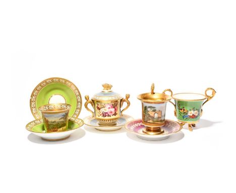 Two Chamberlain's Worcester cabinet cups and two saucers, c.1825, one outside-decorated with a view of Worcester and reserved