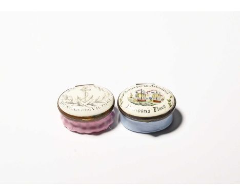 Two South Staffordshire enamel patch boxes of naval interest, c.1797, one decorated with a sea battle and inscribed 'Success 