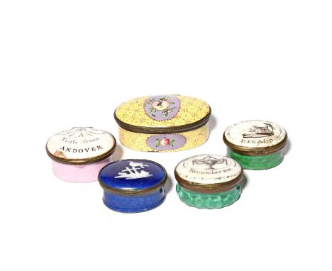 Four English enamel patch boxes, c.1760-90, of oval form, three painted in black with inscriptions including 'A Trifle from A