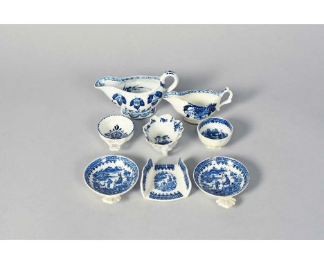 Four Caughley blue and white items in the Fisherman pattern, c.1770-90, including a wine taster, two strainers and an asparag