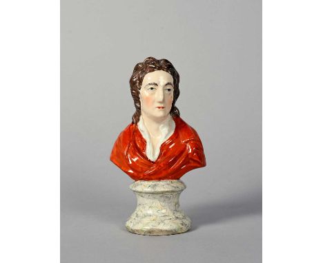 A Staffordshire pearlware bust of John Locke, c.1800-20, modelled wearing a red cloak draped around his shoulders, raised on 