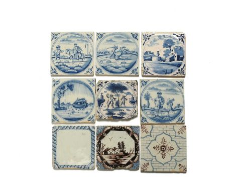 Four delftware Biblical tiles, c.1750, painted in blue with scenes including Abraham and Isaac, Noah and the Flood, and David
