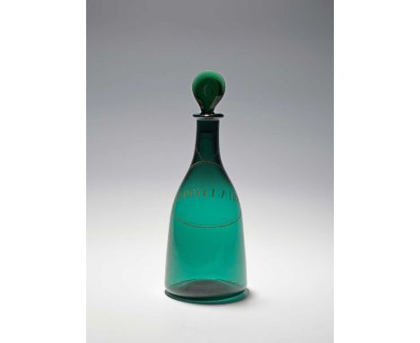 A rare green glass decanter and stopper, c.1790-1800, of simple club shape, engraved and gilded with a large label titled 'CA