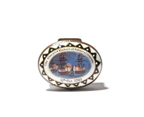 A rare South Staffordshire enamel commemorative patch box of naval interest, c.1797, painted with ships engaged in a sea batt