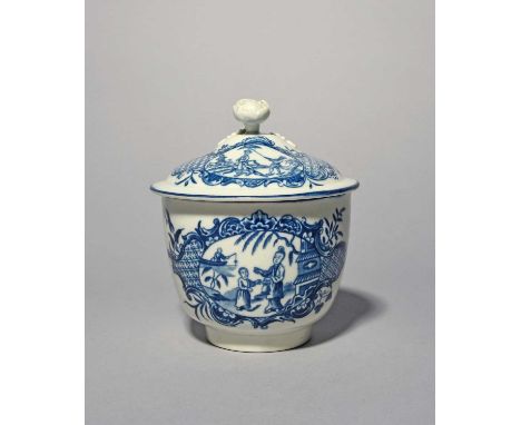 A Worcester blue and white sucrier and cover, c.1765-70, printed with the Mother and Child and Man Fishing pattern, the figur