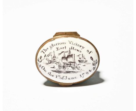 A South Staffordshire enamel patch box of naval interest, c.1794, the oval form painted in black with a sea battle within the