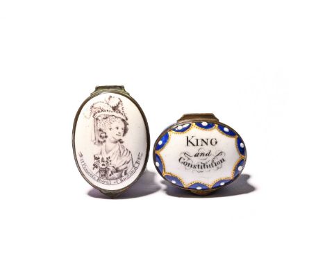 Two English enamel patch boxes of Royal interest, c.1800-20, one printed with a portrait of Princess Charlotte, titled 'Princ