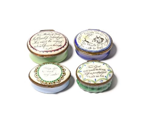 Four English enamel patch boxes, late 18th/early 19th century, one of navette shape and inscribed 'Keep this for my sake' wit