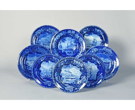 Six blue and white transferware plates by Enoch Wood, 19th century, depicting harbour scenes, sailing vessels and steamers wi