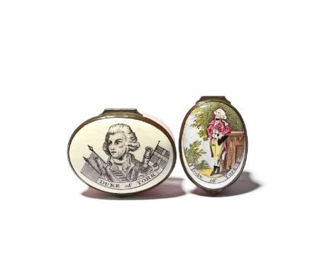 Two South Staffordshire enamel patch boxes of Royal interest, c.1800, one printed and coloured with a portrait of the Duke of