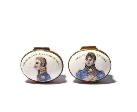 Two English enamel patch boxes of Royal interest, early 19th century, one printed and coloured with a head and shoulders port