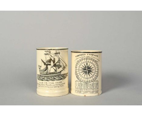 Two Sunderland Pottery creamware frog mugs, early 19th century, one Dixon &amp; Co and printed with a ship at sail inscribed 