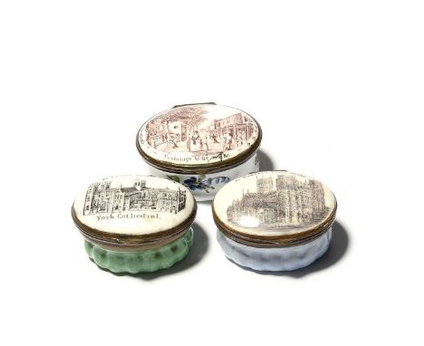 Three English enamel topographical patch boxes, early 19th century, one printed in manganese with a street view of Tunbridge 