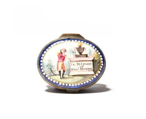 A South Staffordshire enamel commemorative patch box, c.1809, painted with a soldier in mourning beside an urn on a plinth in