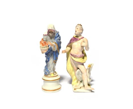 A small Meissen figure of Jupiter, mid 18th century, wearing a pink patterned cloak and standing beside a white eagle with a 