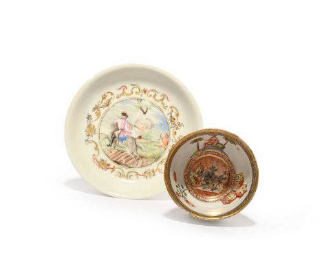 A Meissen hausmaler-decorated saucer and a teabowl, c.1730, the teabowl originally decorated in the Fels und Vogel pattern, e