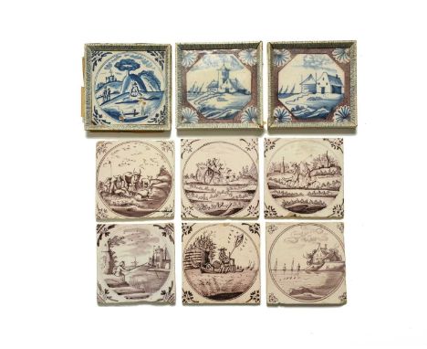 Six delftware tiles, c.1750-70, painted in manganese with European figures in boats and bucolic landscapes, two framed tiles 