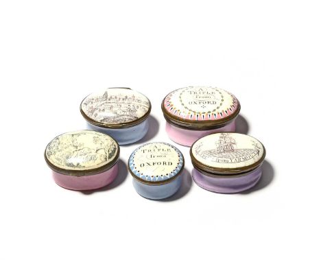 Five English enamel patch boxes, late 18th/early 19th century, two inscribed 'A Trifle from Oxford' within patterned borders 