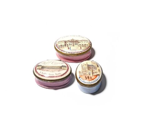 Three English enamel topographical patch boxes, early 19th century, one printed and coloured with a view of Carlton House, in