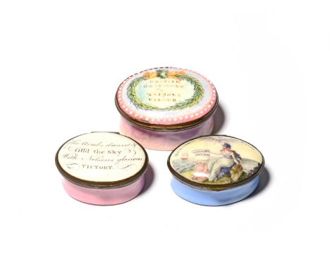 Three South Staffordshire enamel patch boxes, late 18th/early 19th century, one painted with a dove holding out an olive bran