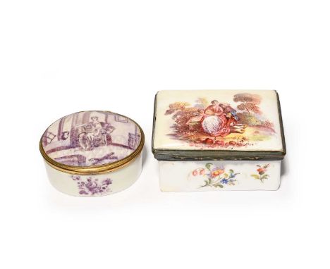A gilt-metal mounted porcelain snuff box, late 18th century, probably German, painted in purple monochrome with a lady seated
