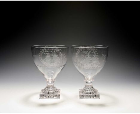A large pair of glass rummers, early 19th century, the deep funnel bowls engraved with a sailing vessel titled 'Alfred', the 