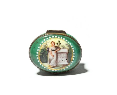 A rare South Staffordshire enamel commemorative patch box, c.1801, relating to the Treaty of London, painted with a Classical