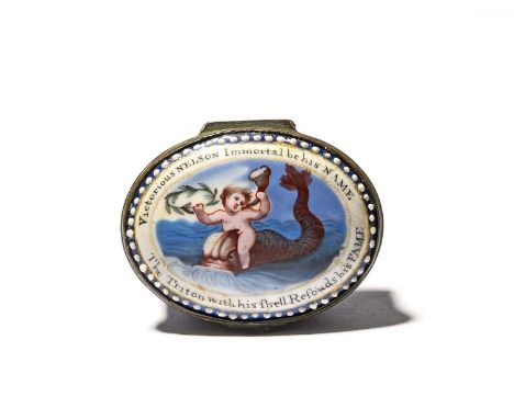 A South Staffordshire enamel commemorative patch box of naval interest, c.1805, the oval shape painted with a putto astride a