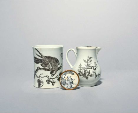 A Worcester cream jug c.1756, printed in black with Les Garçons Chinois pattern, a small cylindrical mug printed with the Par