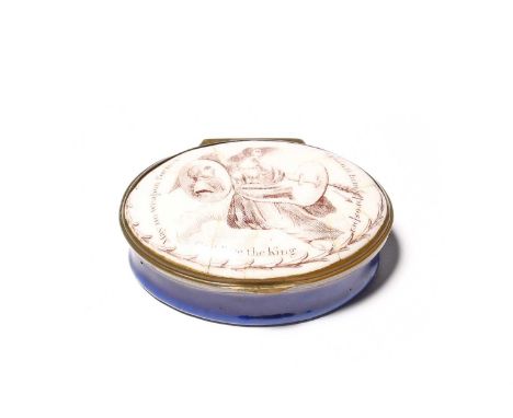 A rare South Staffordshire commemorative patch box, c.1800, printed in manganese with an angel holding a shield bearing the p